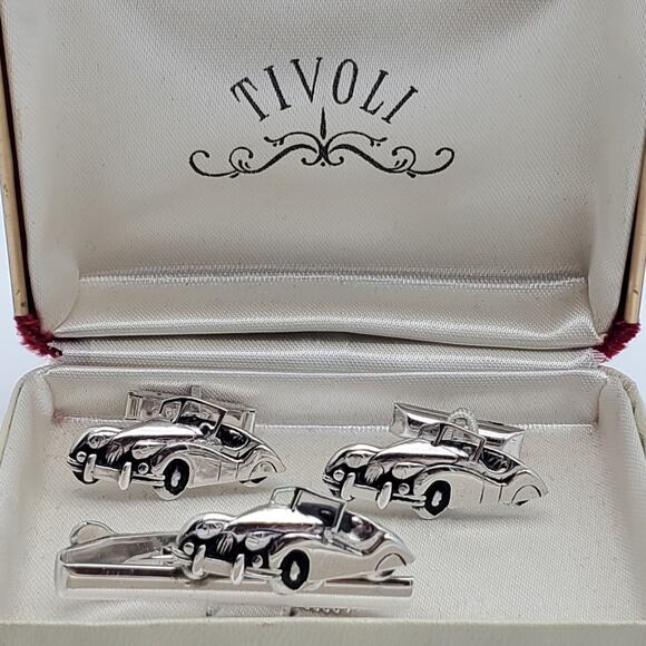 Swank Convertible Cufflinks & Tie Clip Silver Tone Tivoli Bar Clasp Vintage Auto